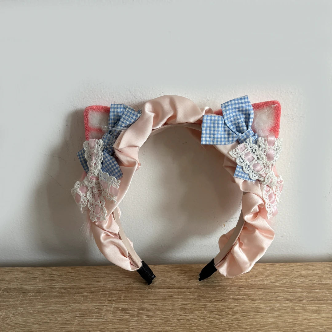 Kawaii Fluffy Cat Ears Headband with Lace & Bows – Pink or Blue