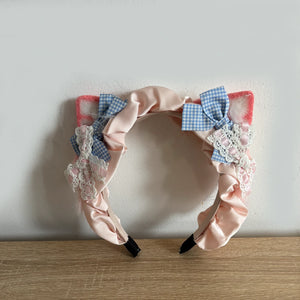 Kawaii Fluffy Cat Ears Headband with Lace & Bows – Pink or Blue