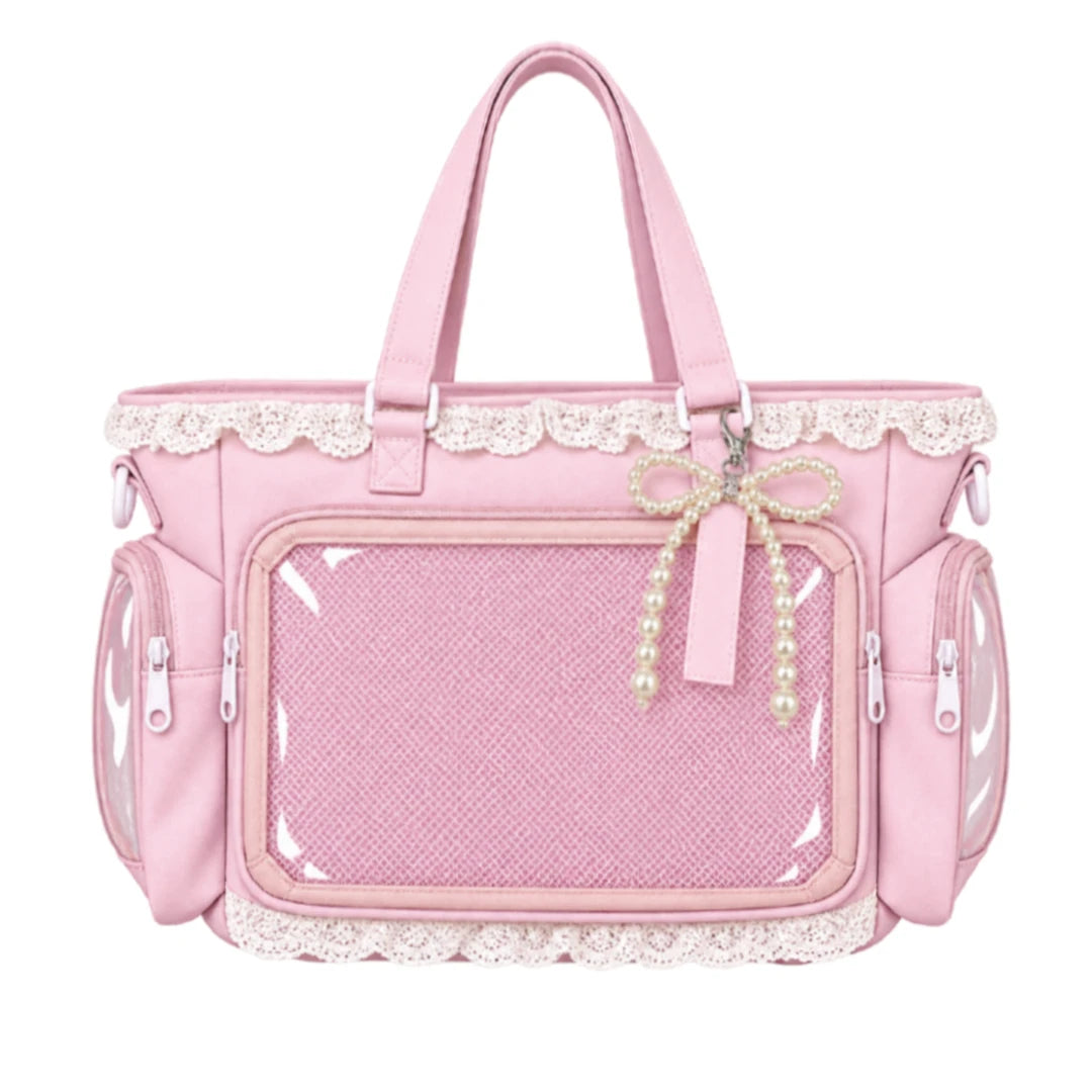Pearl Bow A4 Ita Shoulder Bag with Clear Pockets