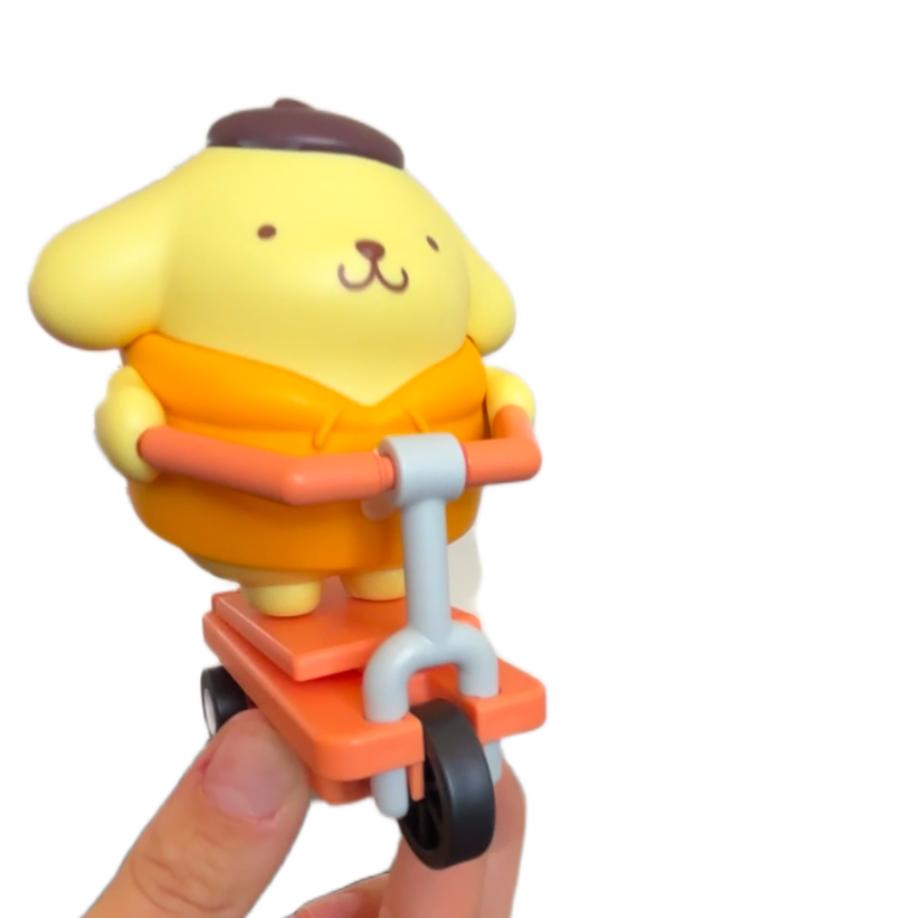 Yellow dog-like character on a scooter held by a hand against a white background