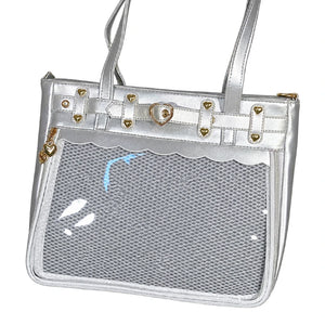 A silver metallic mesh ita bag with a clear front pocket, gold-tone hardware, and double shoulder straps, shown on a plain white background.