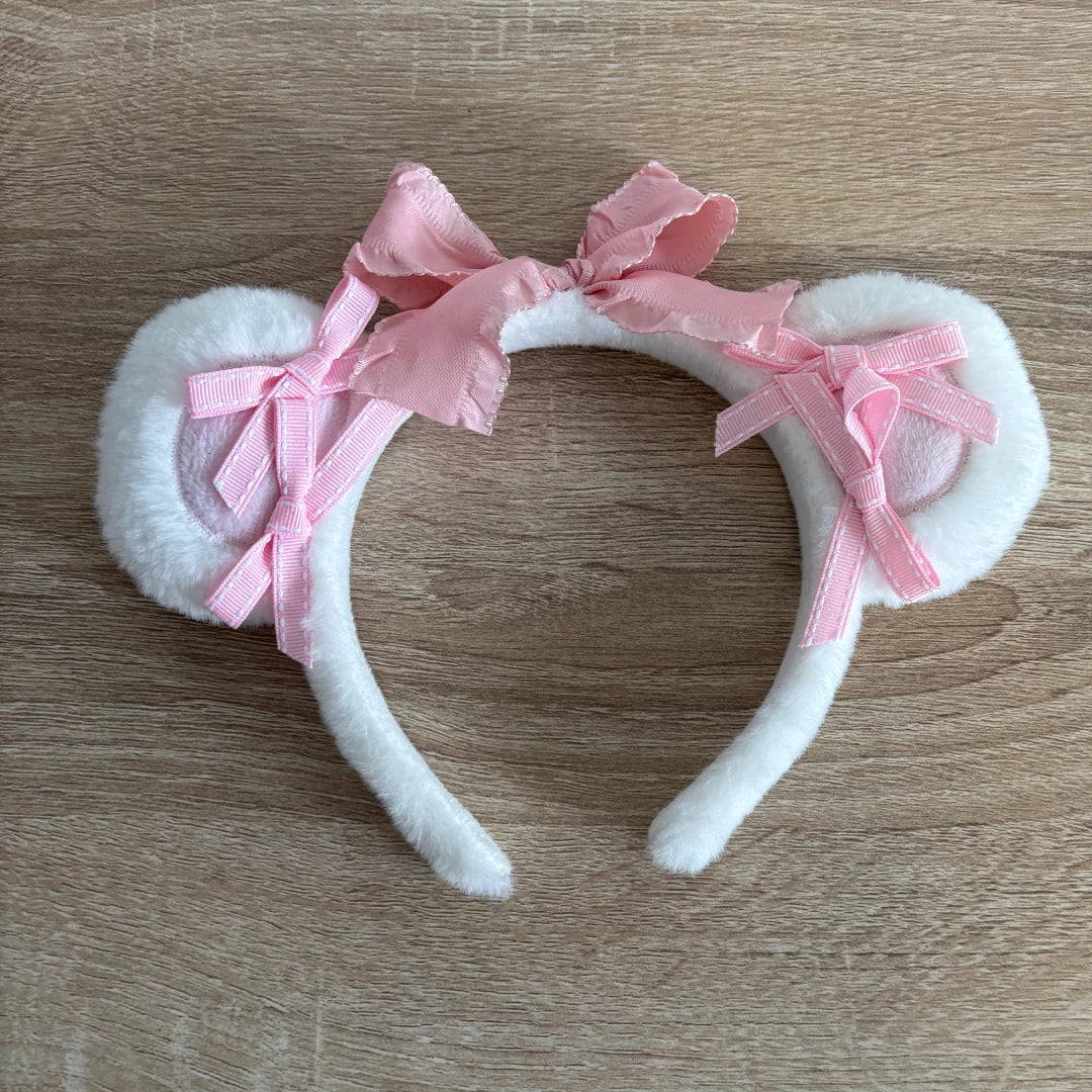 Kawaii Fluffy Bear Ears Headband with Bows – Pink & White