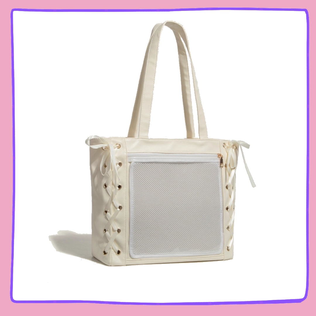 Beige tote bag with mesh side pocket on a white background