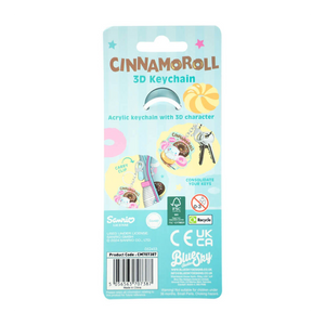 Cinnamon Roll 3D keychain packaging with colorful illustrations on a light blue background