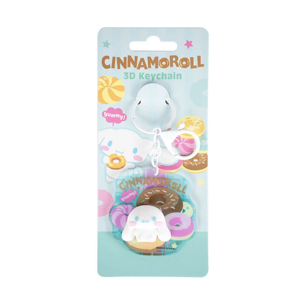 Cinnamoroll 3D keychain packaging with colorful design on a white background