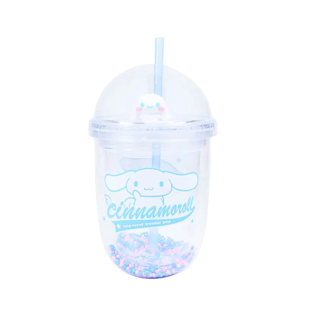 Cute Cinnamoroll figure topper on kawaii Sanrio drink cup
