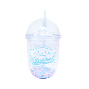 Cute Cinnamoroll figure topper on kawaii Sanrio drink cup
