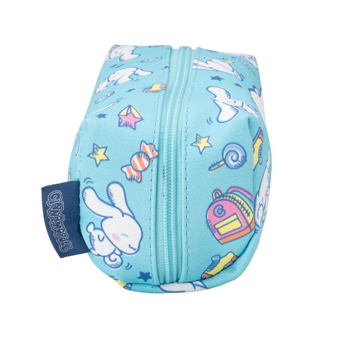 Side view showing zipper and tag on Cinnamoroll pencil case