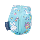 Side view showing zipper and tag on Cinnamoroll pencil case