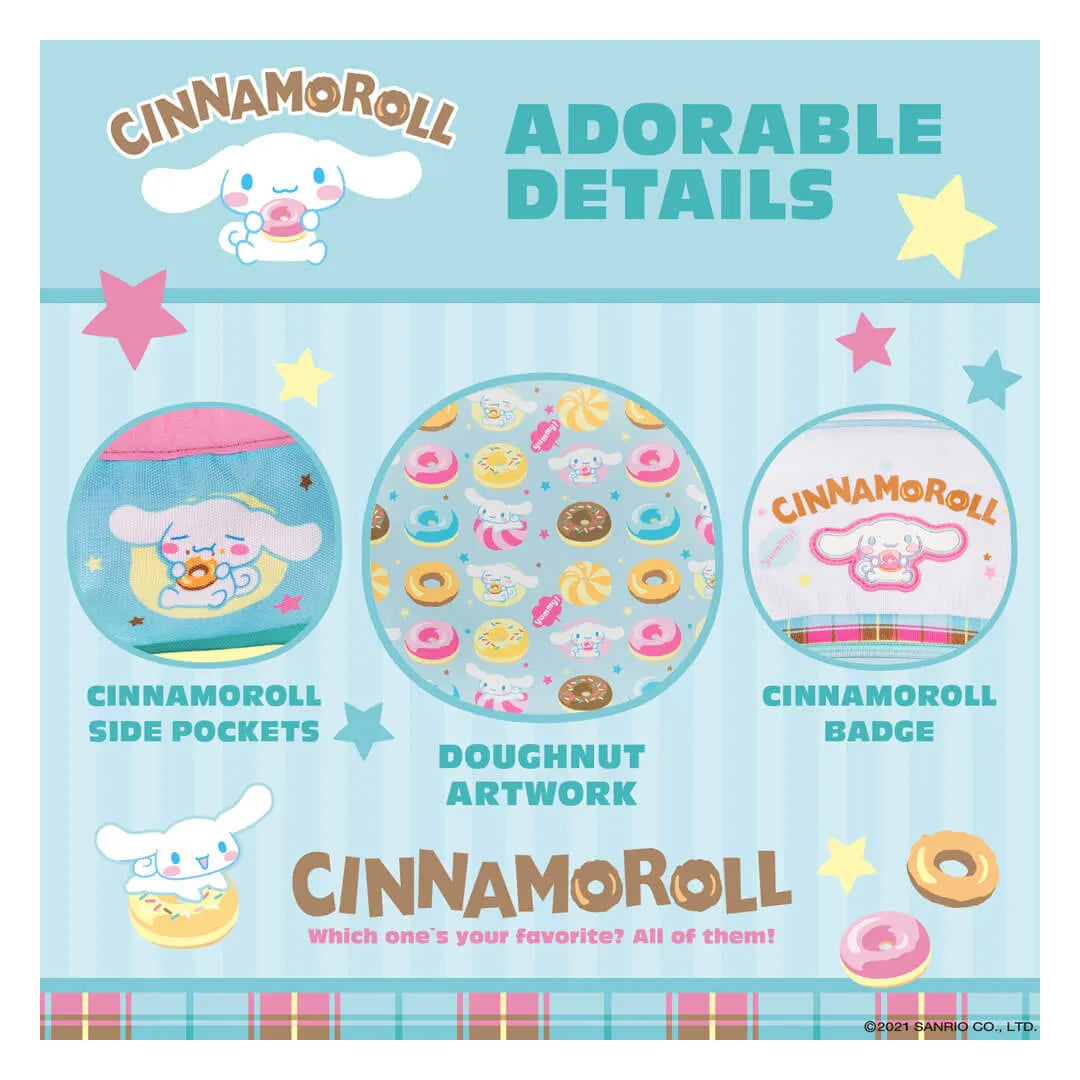 Close-up of Cinnamoroll badge and doughnut artwork