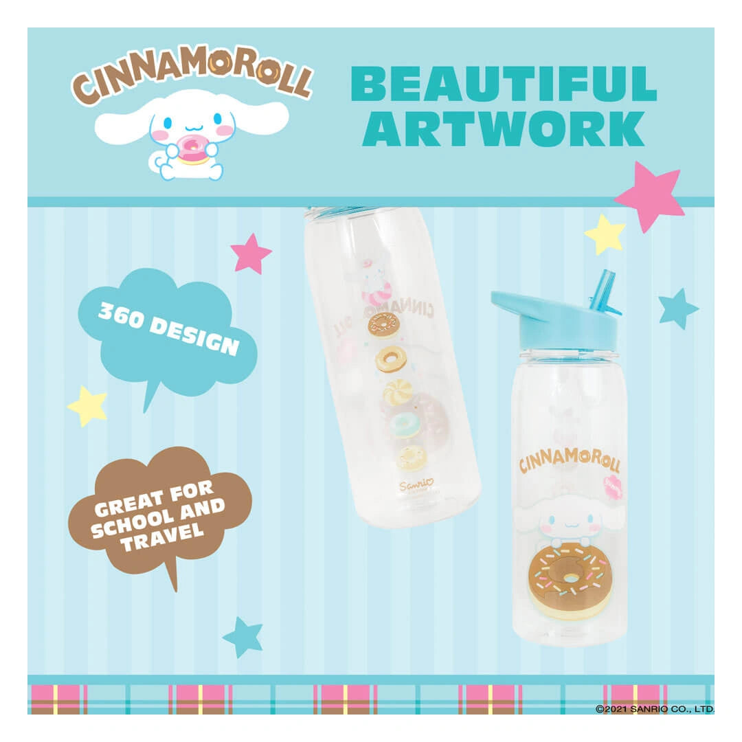 Close-up of Cinnamoroll doughnut artwork on clear water bottle with flip-top straw lid