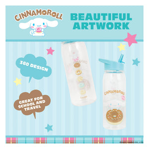Close-up of Cinnamoroll doughnut artwork on clear water bottle with flip-top straw lid