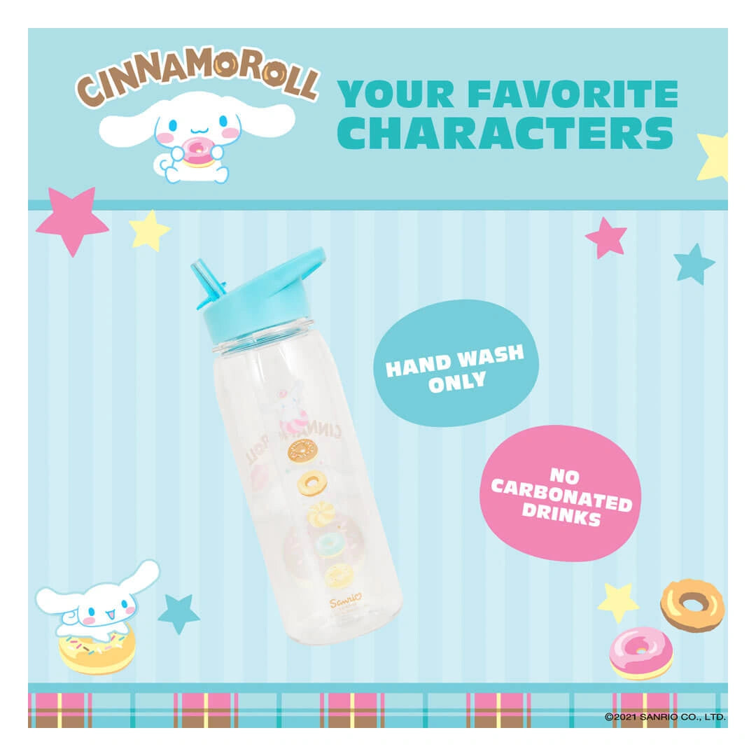 Cinnamoroll Sanrio water bottle product card – hand wash only, not for carbonated drinks