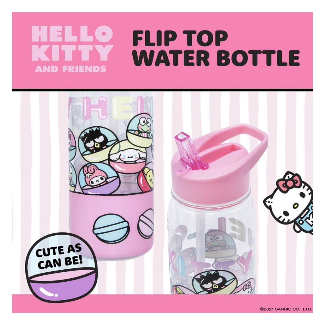 Hello Kitty flip top water bottle with pink lid and straw on a pink background