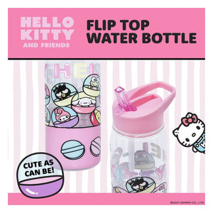 Hello Kitty flip top water bottle with pink lid and straw on a pink background