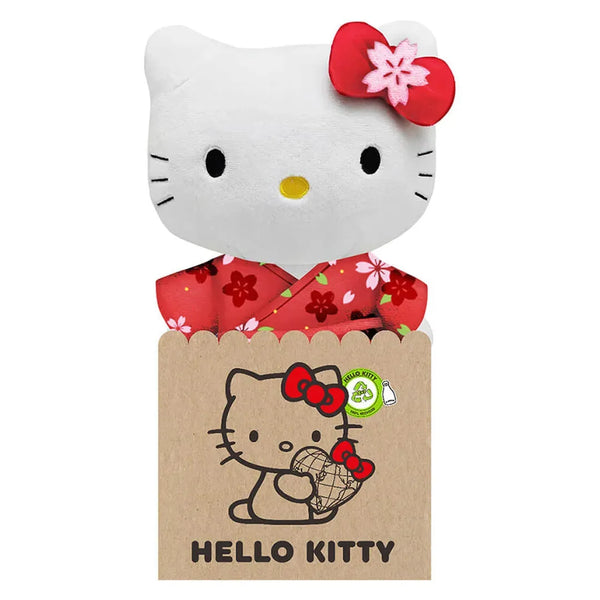Hello Kitty eco plush wearing red kimono with sakura flowers