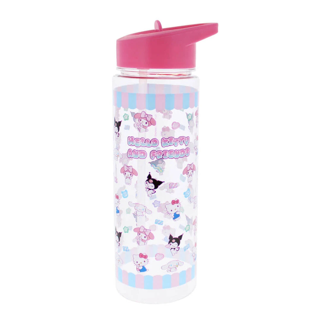 Water bottle with Hello Kitty design on a white background with letters saying Hello Kitty and friends 