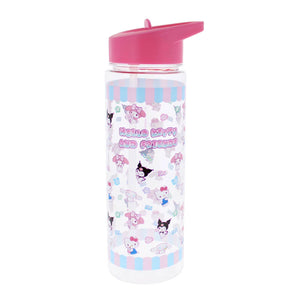 Water bottle with Hello Kitty design on a white background with letters saying Hello Kitty and friends 
