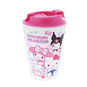 Travel mug with Hello Kitty, Kuromi, Cinnamorroll and My Melody design on a white background