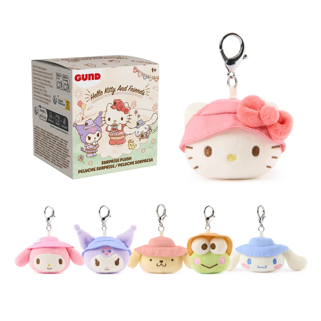 Plush keychains and packaging of Hello Kitty and Friends blind boxes from Gund and Hello Kitty