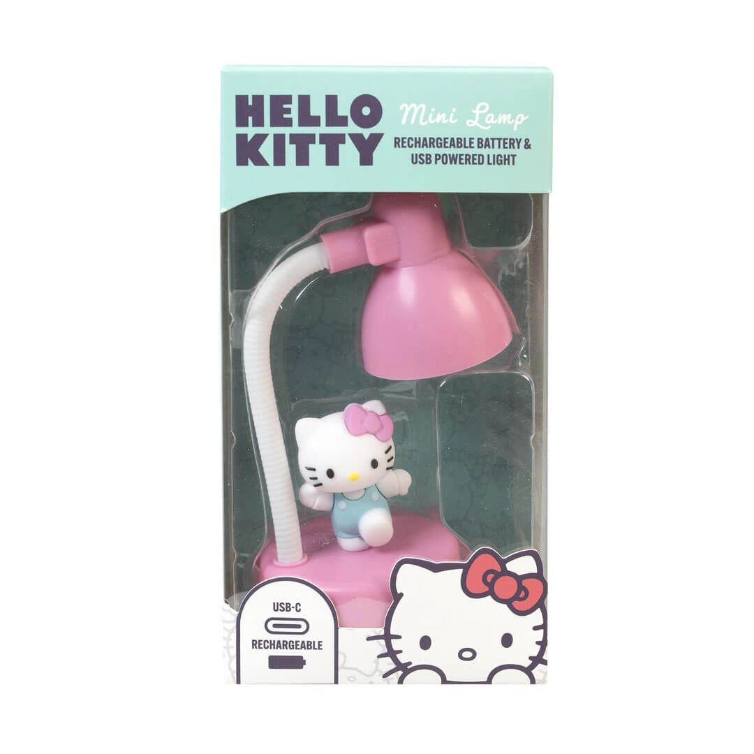 Hello Kitty mini lamp in packaging with pink lampshade and white base.