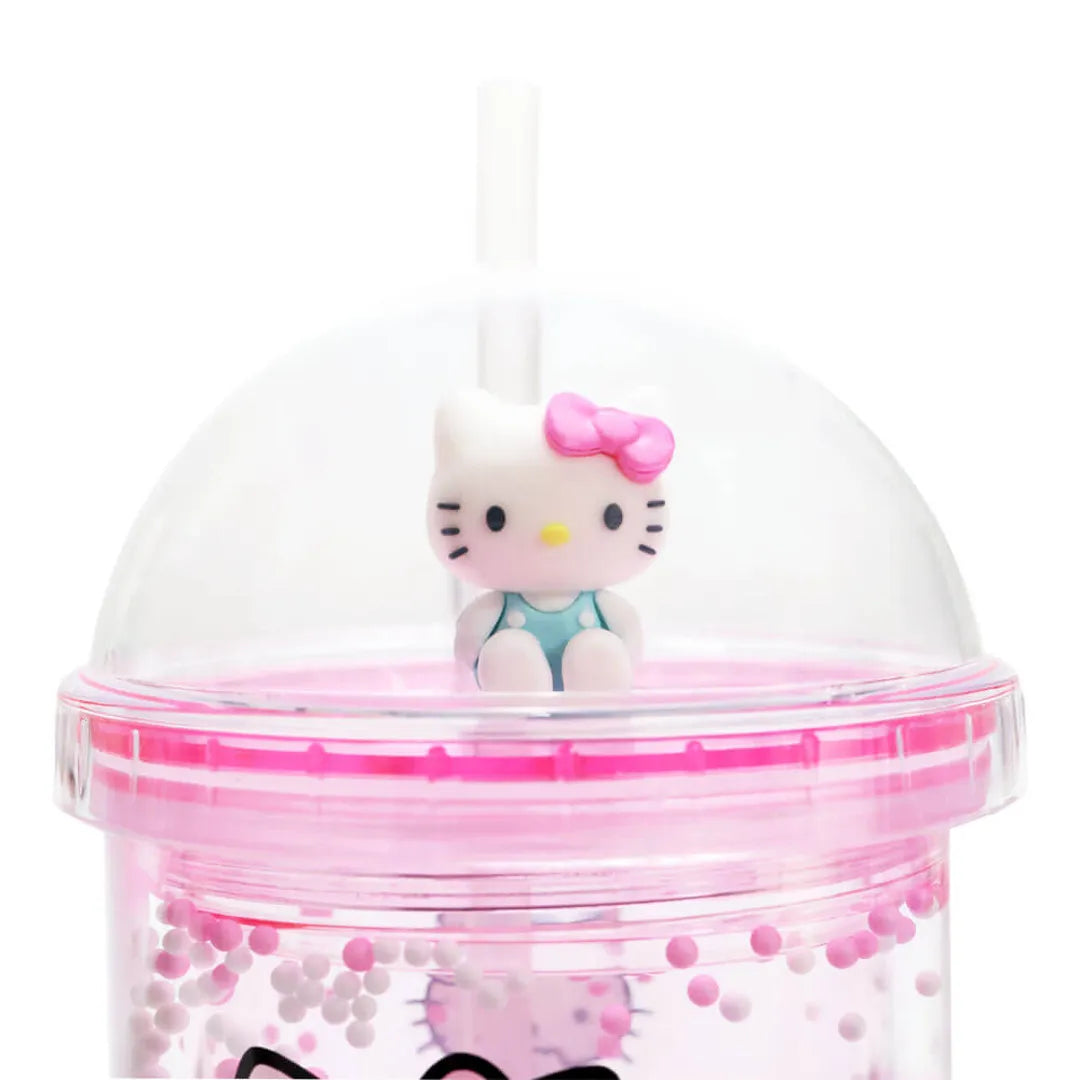 Clear plastic container with pink rim featuring a cartoon character inside on a white background