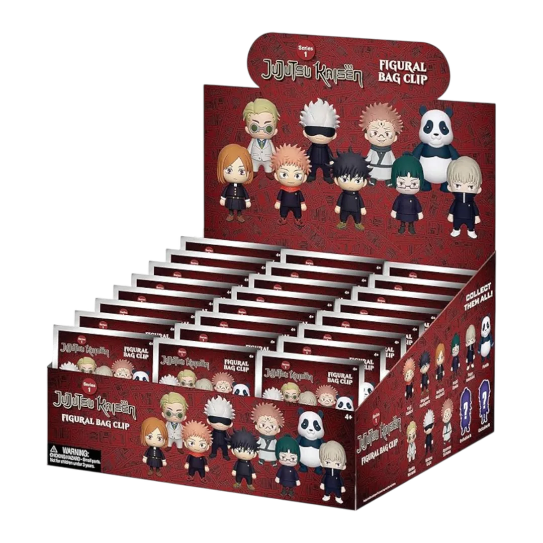 Display box of 'Jujutsu Kaisen' figurine bag clips with character illustrations on a white background.