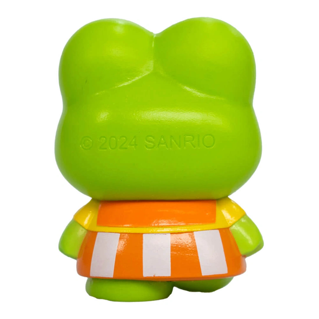 Kero Keroppi Green character figurine with an orange and white striped skirt on a white background, featuring Sanrio branding.