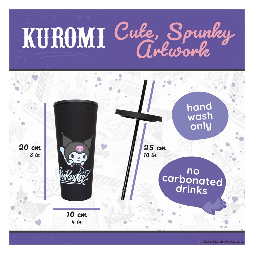 Kuromi-themed tumbler with straw and measurements on a branded packaging background