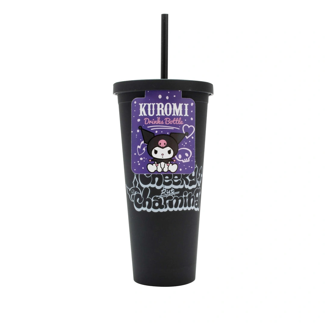 Black tumbler with purple label featuring Kuromi character from Sanrio