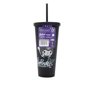 Black tumbler with a straw and a visible brand label on a white background