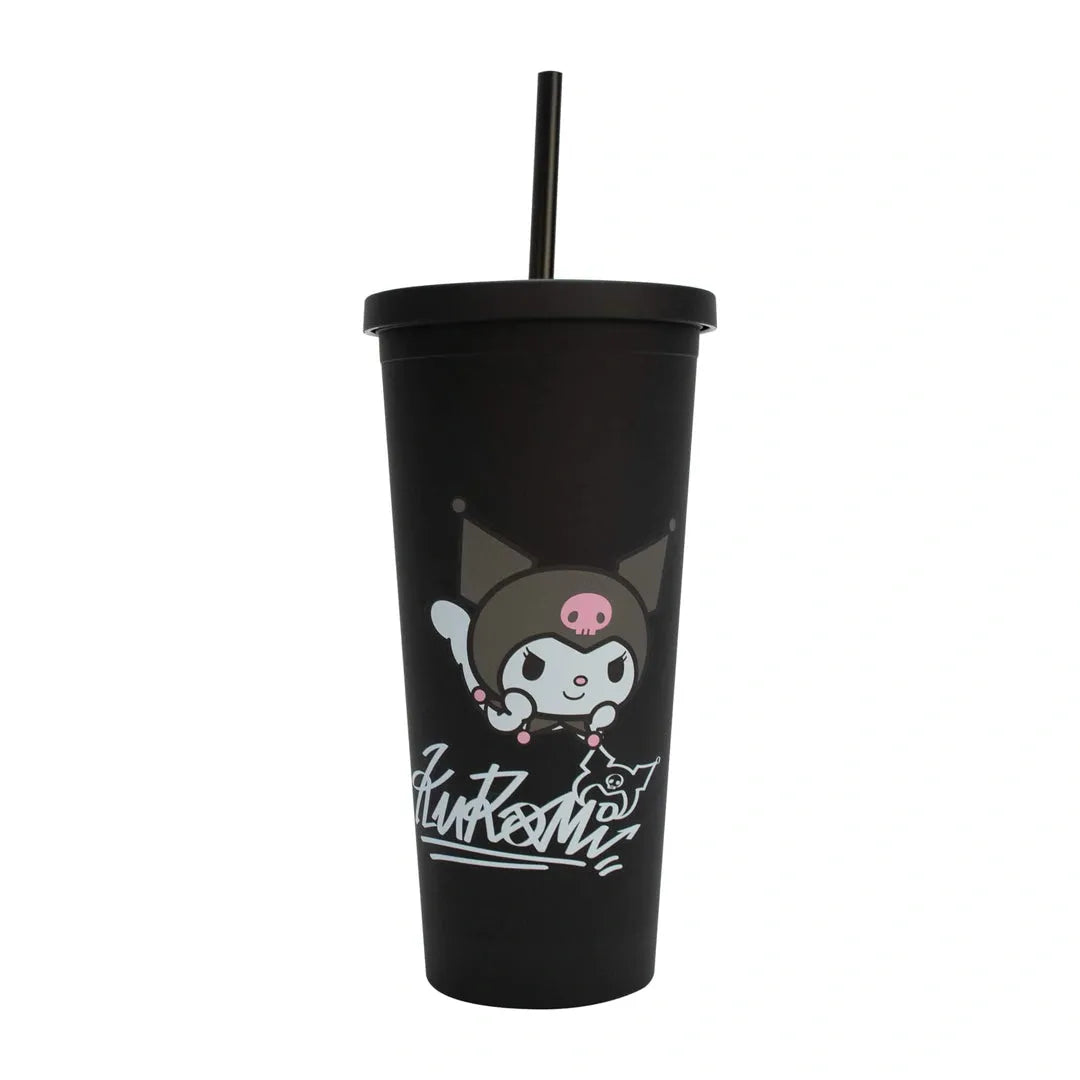 Black tumbler with cartoon character and text on a white background