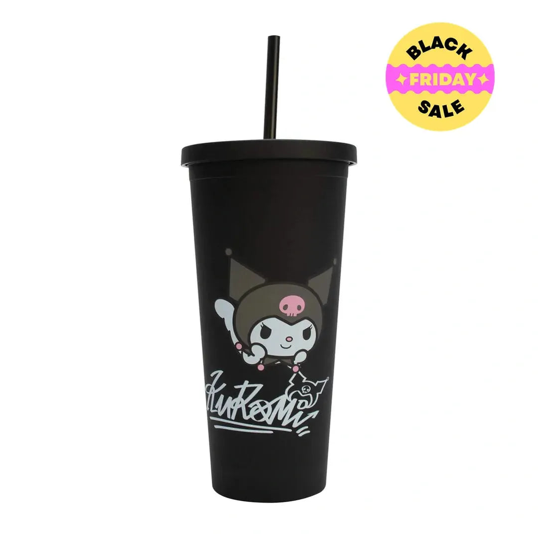 Black tumbler with cartoon character and text on a white background