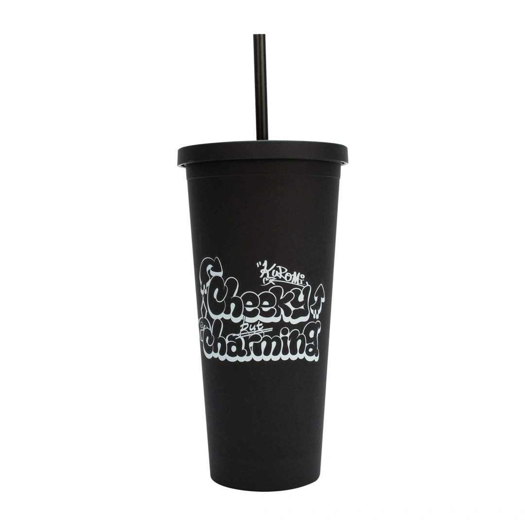 Back of Kuromi Cup with “Cheeky but Charming” slogan
