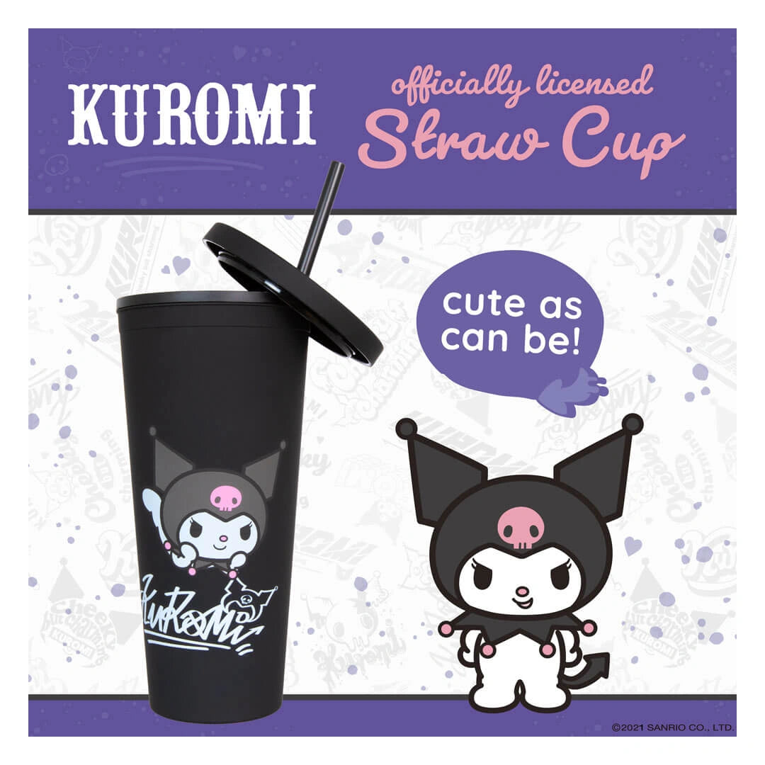 Black tumbler with straw and lid featuring Kuromi character on a branded packaging background.
