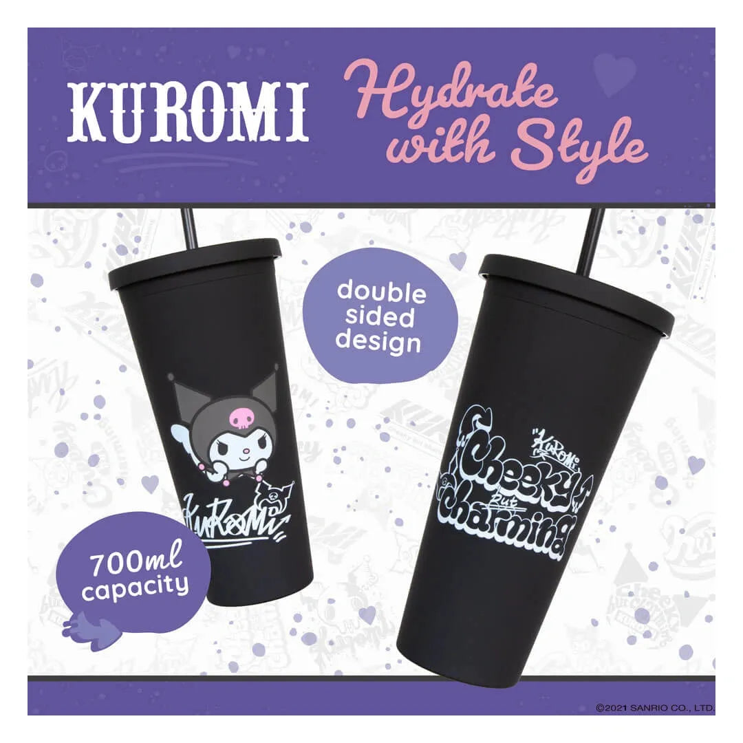 Black tumbler with Kuromi design on a promotional background