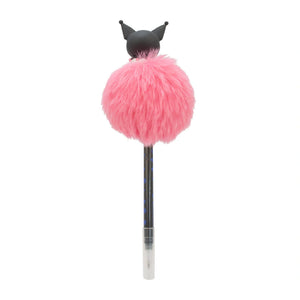 Back view of Kuromi Pom Pom Pen with fluffy pink pom pom and Kuromi character topper