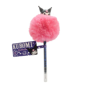 Front view of Kuromi Pom Pom Pen with fluffy topper and black ink.