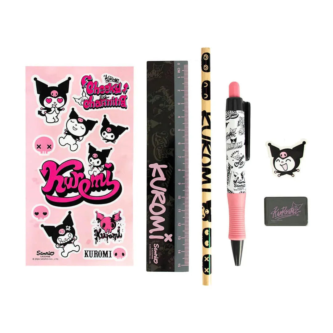 Kuromi stationery set front packaging with ruler, pen, pencil, eraser, sharpener and stickers – official Sanrio product