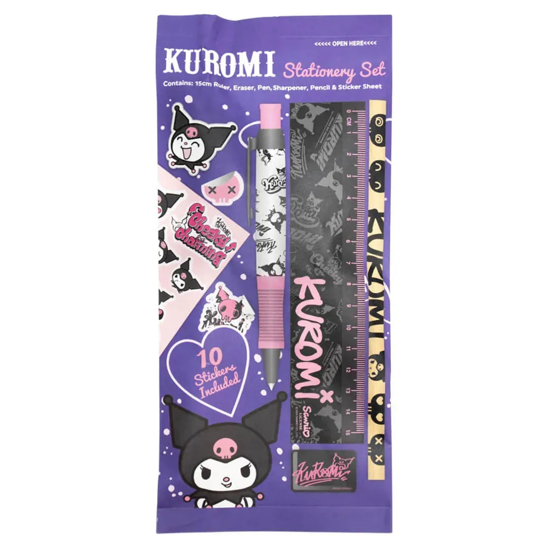 Kuromi stationery set packaging with purple background
