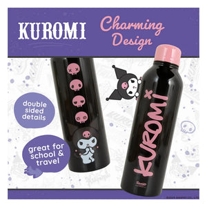 Black water bottle with pink accents featuring the character Kuromi from Hello Kitty and friends 