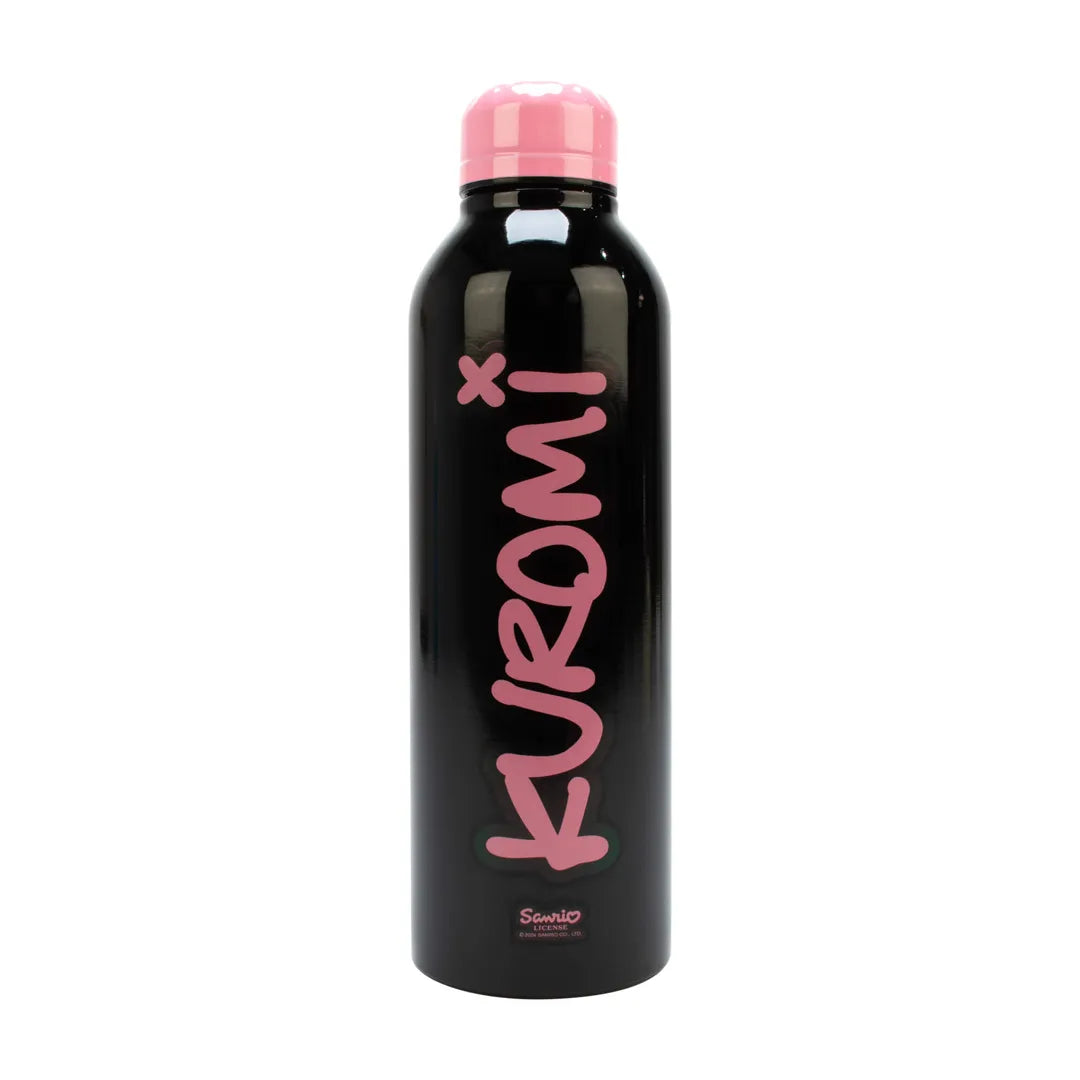 Black water bottle with pink cap and 'Kuromi' words. Licensed product