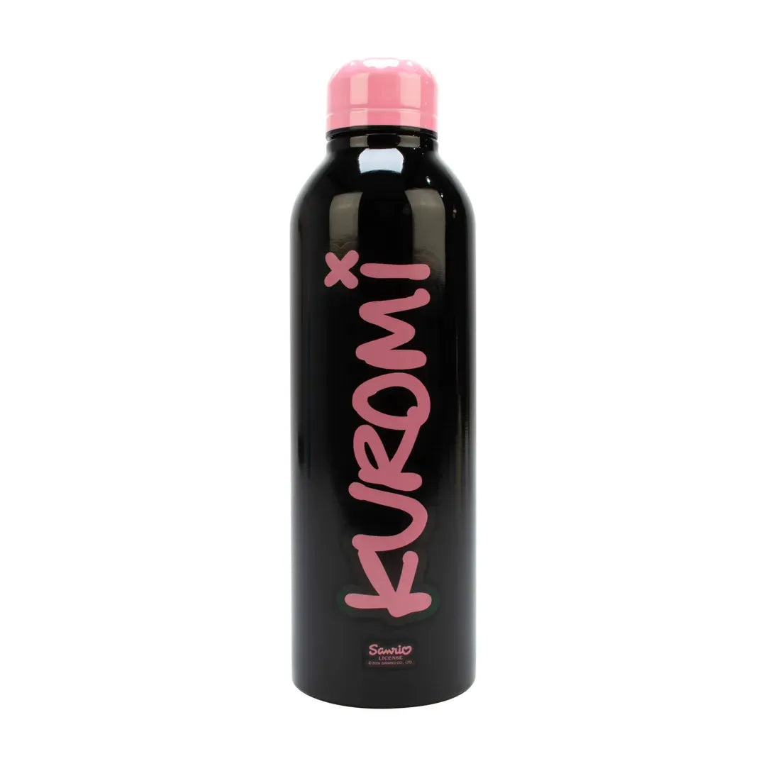 Black water bottle with pink cap and 'Kuromi' words. Licensed product