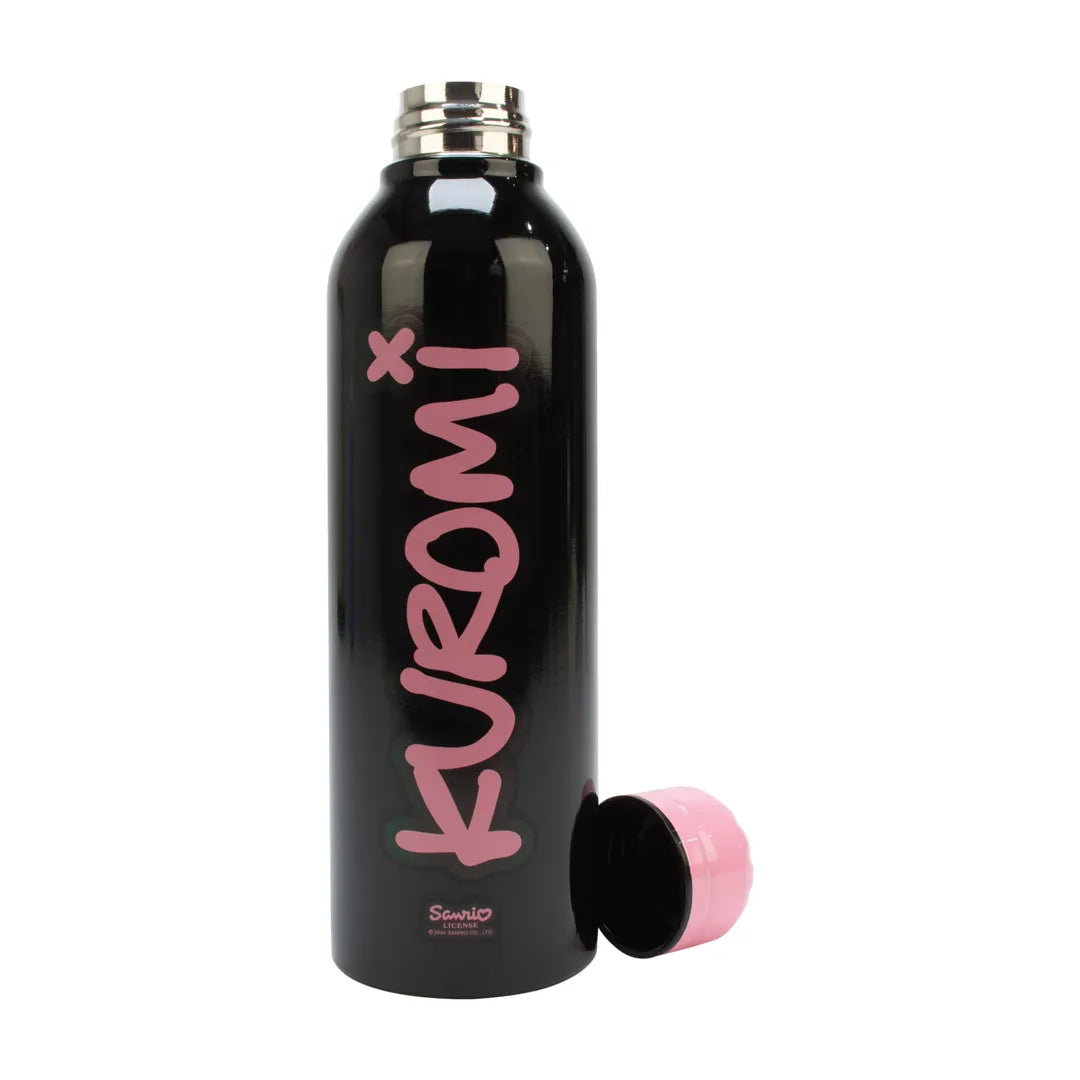Kuromi logo side of black stainless-steel bottle with pink lid