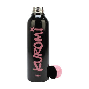 Kuromi logo side of black stainless-steel bottle with pink lid