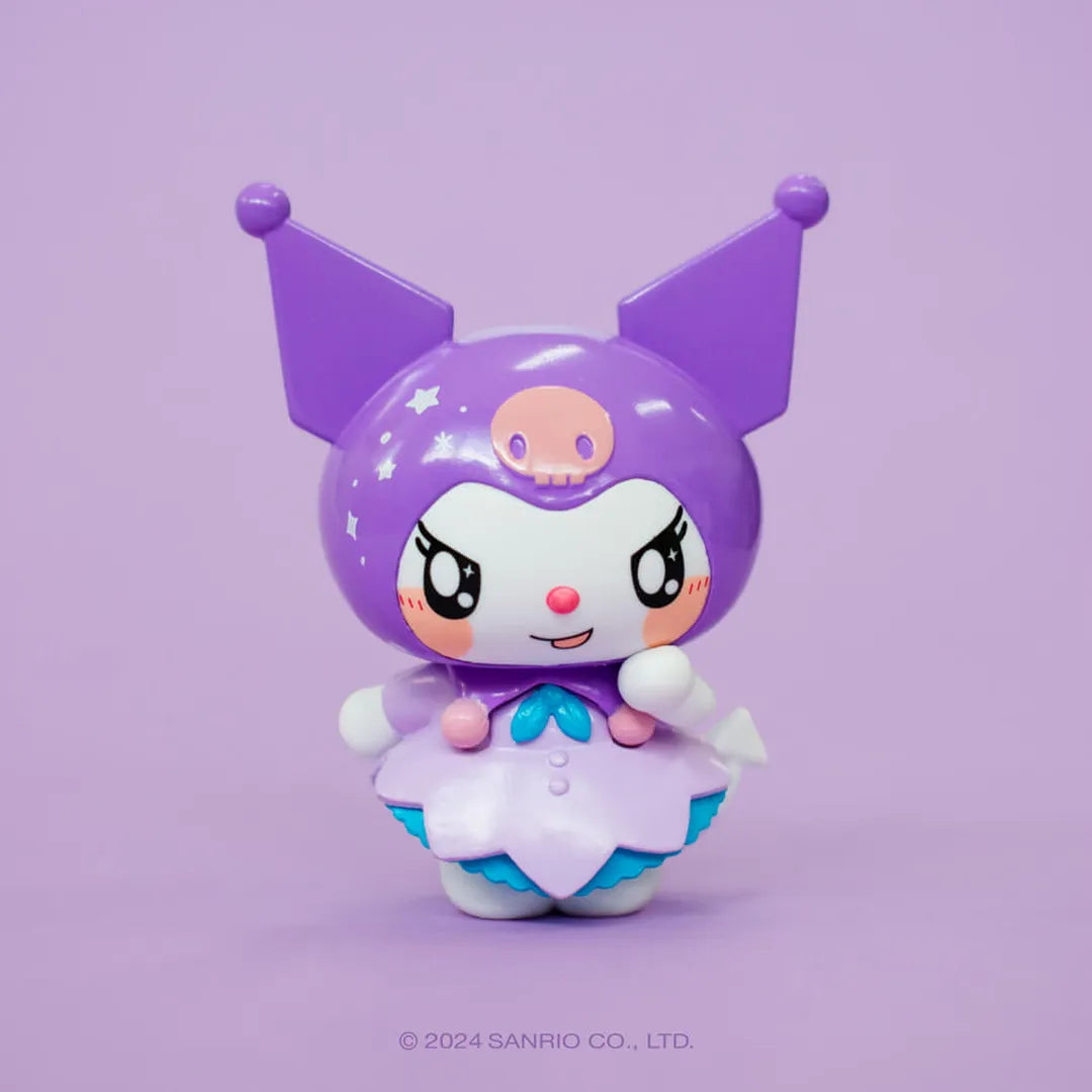Close-up of Kuromi mini figure and purple accessory pouch