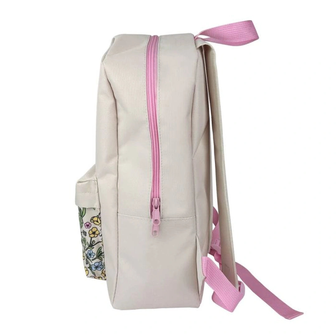 Beige backpack with pink zipper and floral embroidery on a white background
