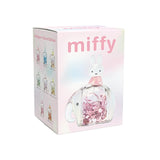 Miffy-themed product blind box with a glass figure and pink interior on a white background.