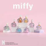 Collection of miffy-themed figurines on a pink background with 'miffy' branding.