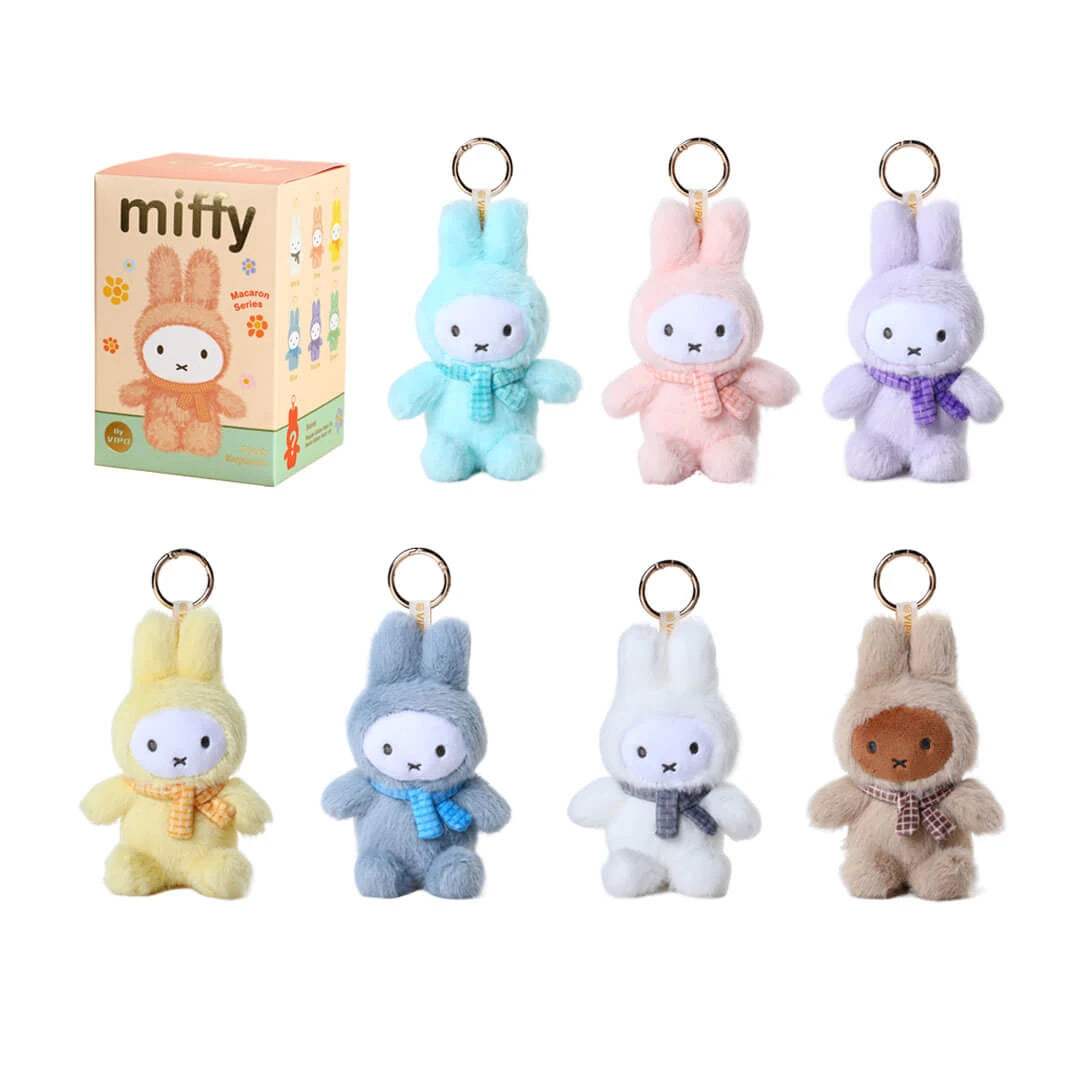 Set of Miffy plush keychains in various colors with a box labeled 'miffy' Blind box series 